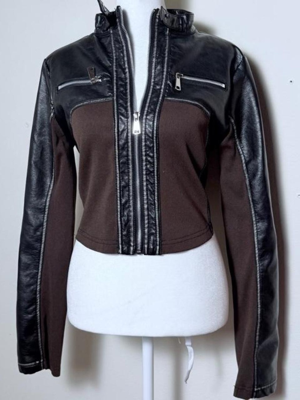 Women’s Black & Brown Faux Leather Moto Jacket